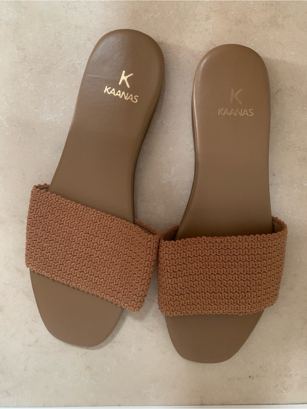 KAANAS Mallow Textured Woven Crochet Slide Sandals Caramel Tan 7M NWOT